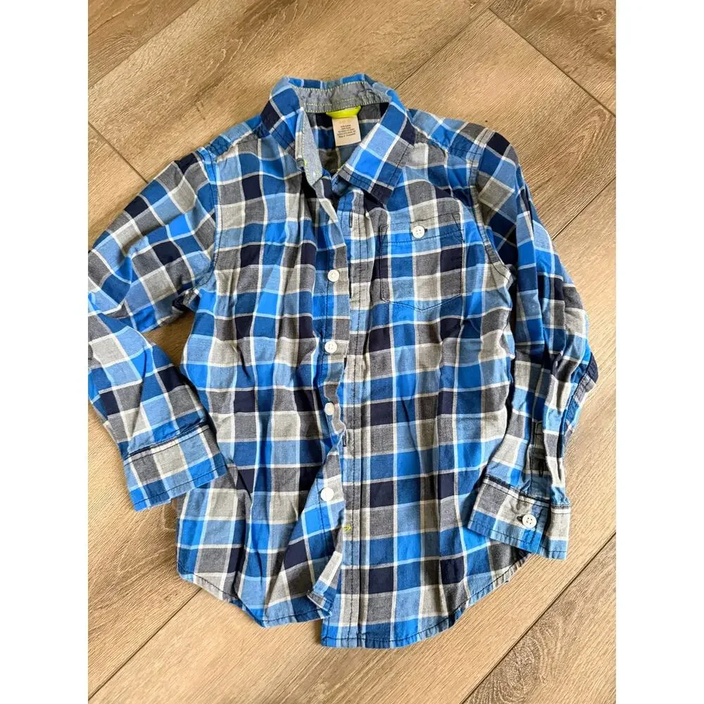 Gymboree Boy's Gray Blue Plaid Grid Shirt Size 5/6